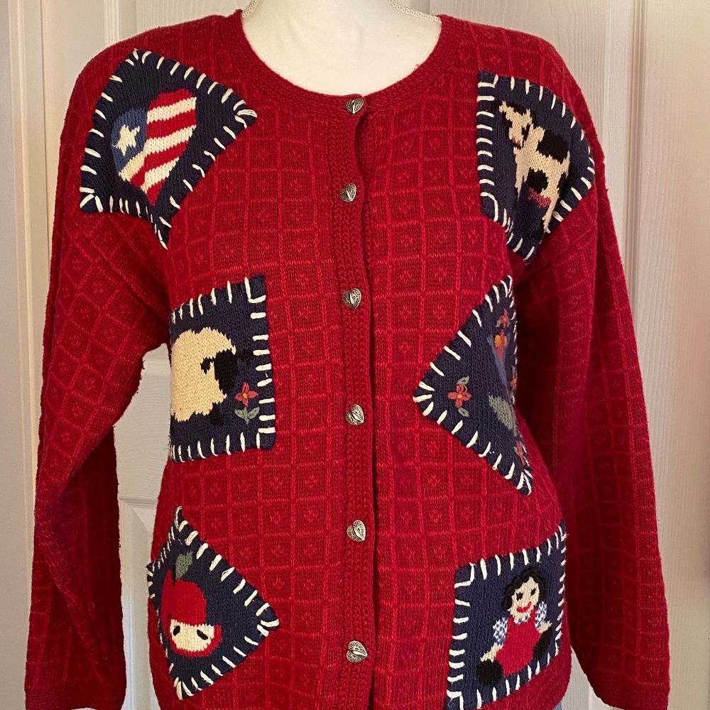 VTG 1980s Raspberry Knit Ugly Sweater Heart Shapped Buttons Winter Cardigan